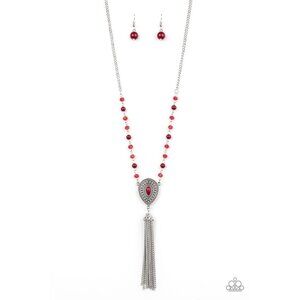 Paparazzi Soul Quest Long Red Teardrop Tassel Beaded Crystal Necklace Earrings